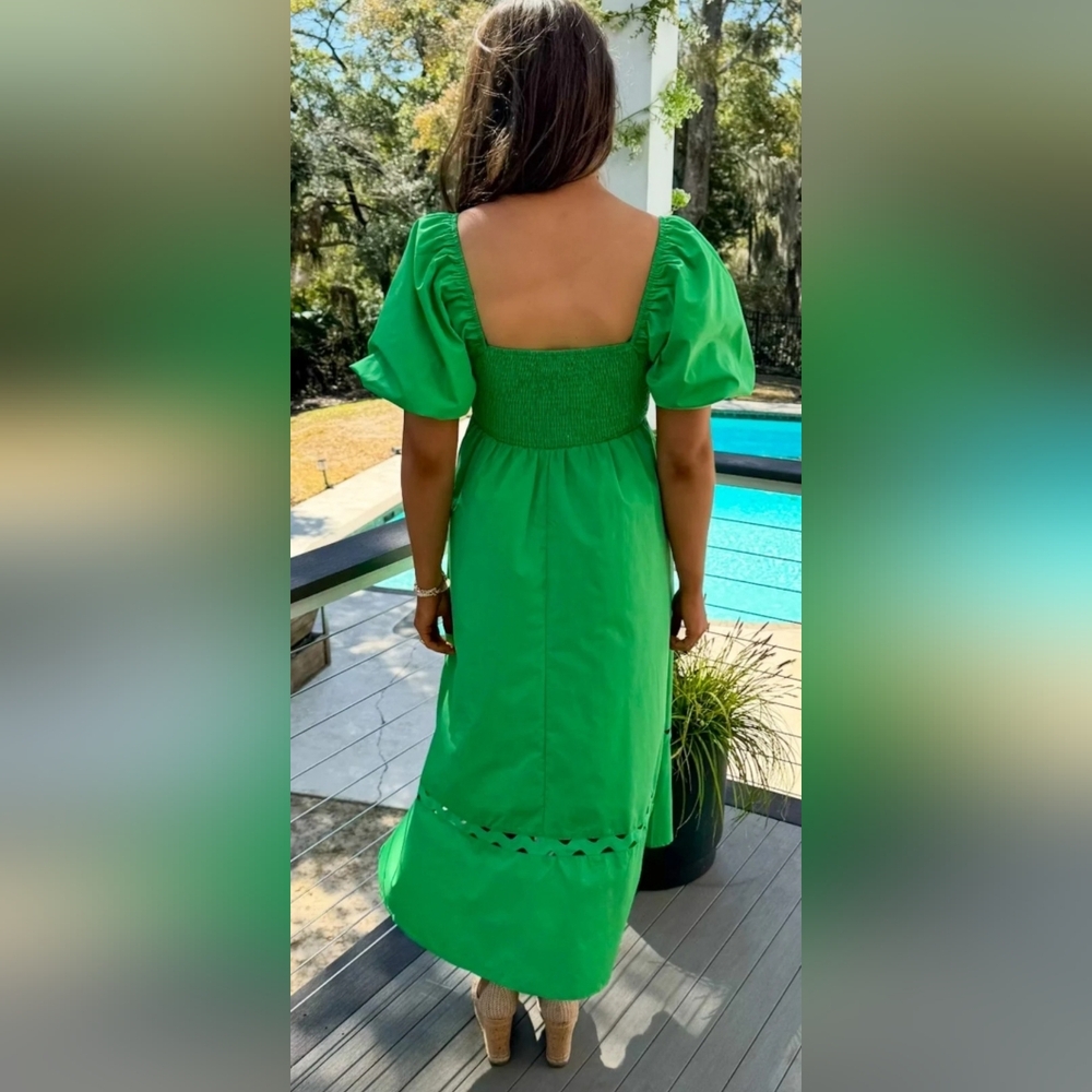 Entro Vibrant Green Midi Dress with Puff Sleeves - Picture 2 of 8